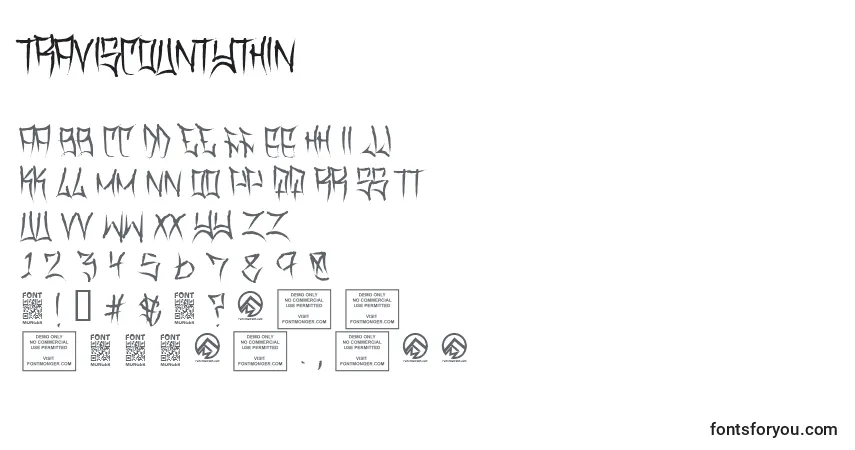 Schriftart TraviscountyThin – Alphabet, Zahlen, spezielle Symbole