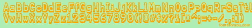 フォントKarmafuture – オレンジの文字が緑の背景にあります。