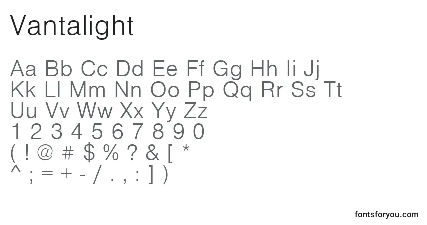 Czcionka Vantalight – alfabet, cyfry, specjalne znaki