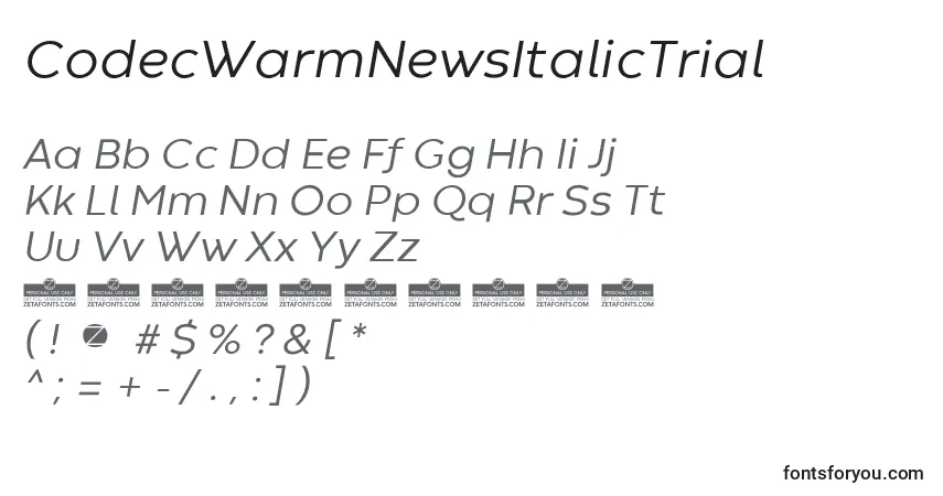 Schriftart CodecWarmNewsItalicTrial – Alphabet, Zahlen, spezielle Symbole