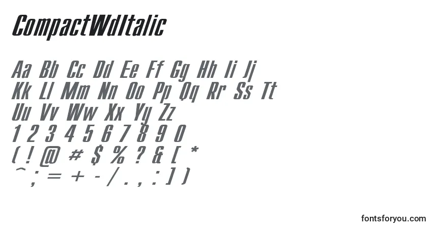 Czcionka CompactWdItalic – alfabet, cyfry, specjalne znaki