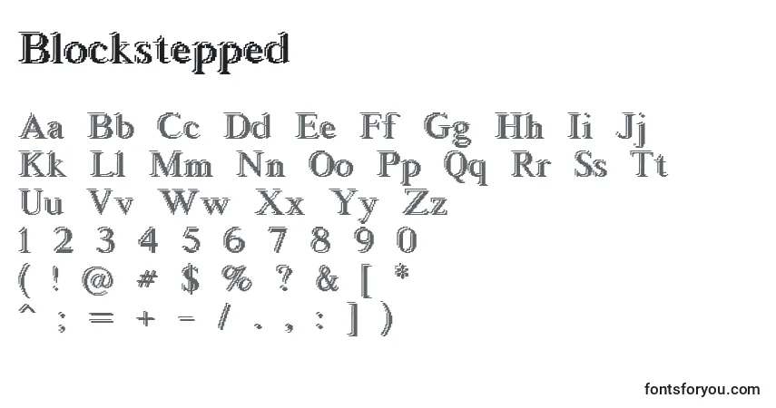 A fonte Blockstepped – alfabeto, números, caracteres especiais