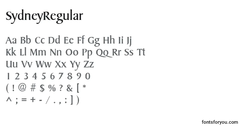 A fonte SydneyRegular – alfabeto, números, caracteres especiais