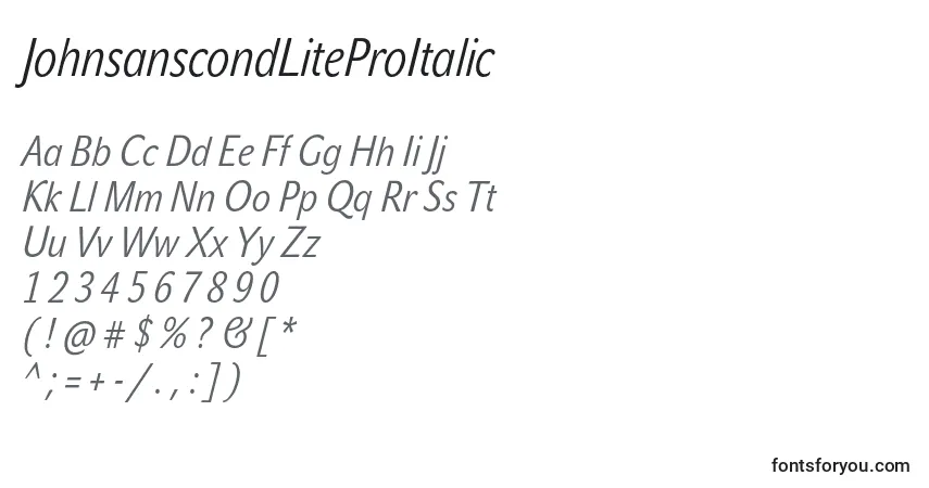 Шрифт JohnsanscondLiteProItalic – алфавит, цифры, специальные символы