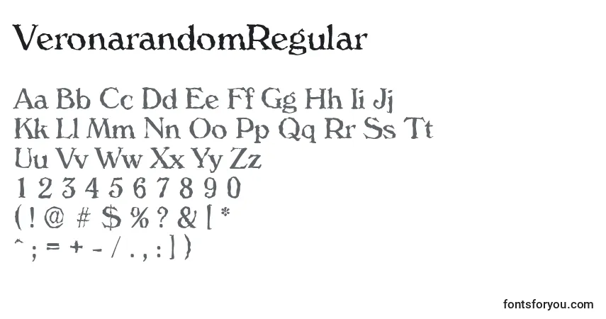 Czcionka VeronarandomRegular – alfabet, cyfry, specjalne znaki