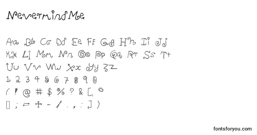 A fonte NevermindMe – alfabeto, números, caracteres especiais