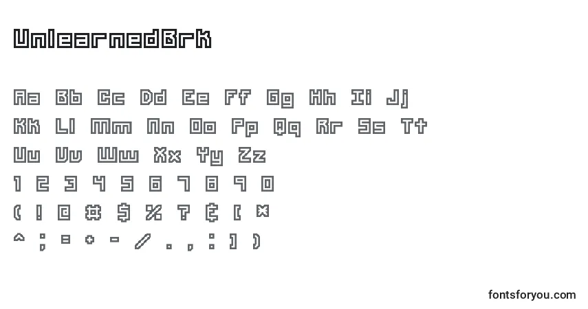 Czcionka UnlearnedBrk – alfabet, cyfry, specjalne znaki