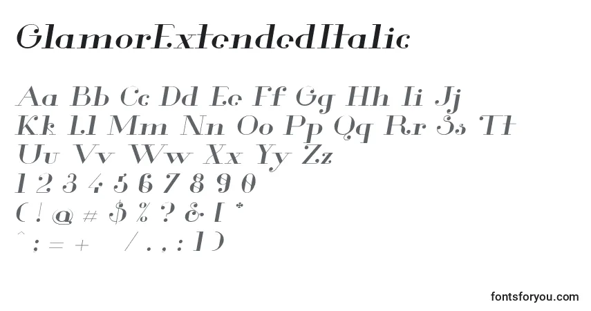 Czcionka GlamorExtendedItalic – alfabet, cyfry, specjalne znaki