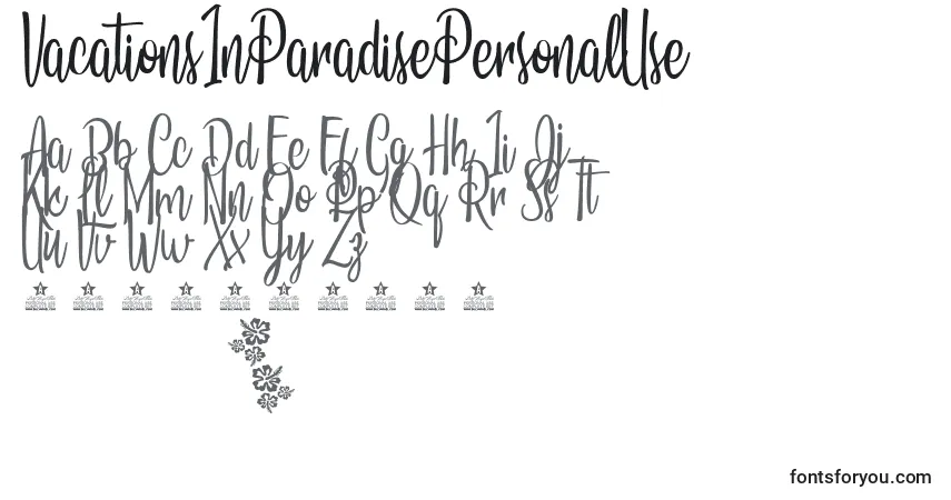 Schriftart VacationsInParadisePersonalUse – Alphabet, Zahlen, spezielle Symbole