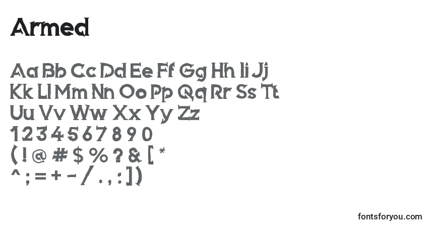 Czcionka Armed – alfabet, cyfry, specjalne znaki