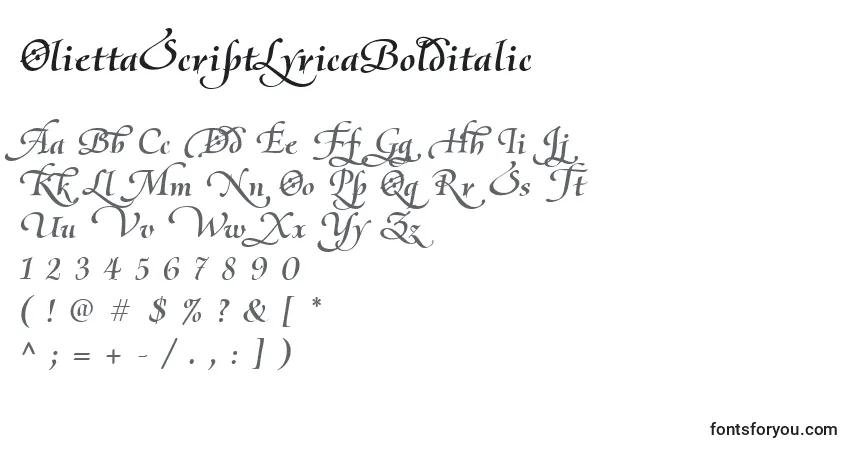 A fonte OliettaScriptLyricaBolditalic – alfabeto, números, caracteres especiais