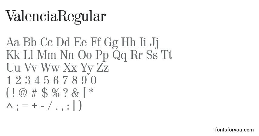 Schriftart ValenciaRegular – Alphabet, Zahlen, spezielle Symbole