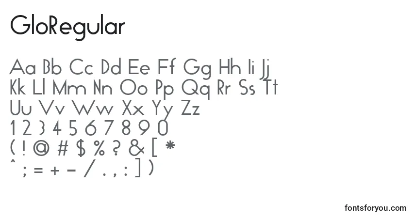 Czcionka GloRegular – alfabet, cyfry, specjalne znaki