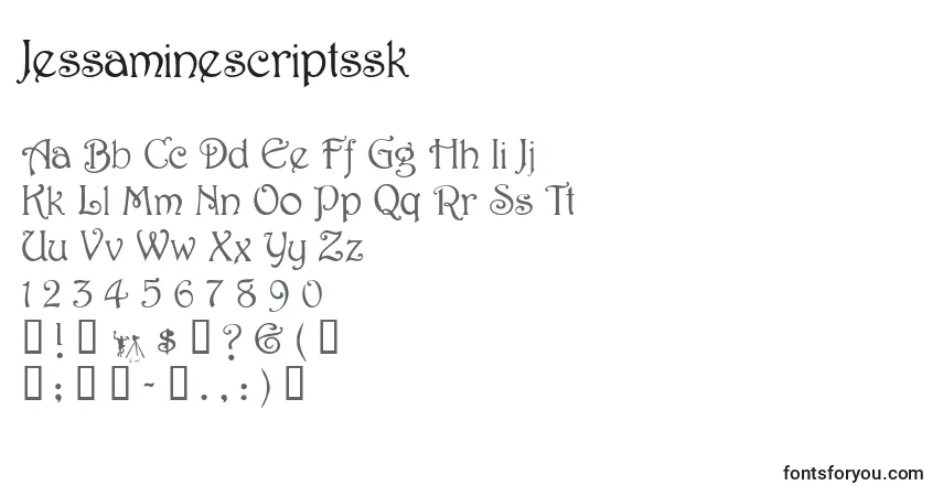 A fonte Jessaminescriptssk – alfabeto, números, caracteres especiais