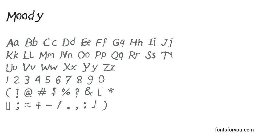 Czcionka Moody – alfabet, cyfry, specjalne znaki