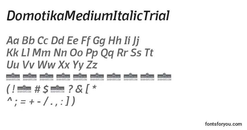 Шрифт DomotikaMediumItalicTrial – алфавит, цифры, специальные символы