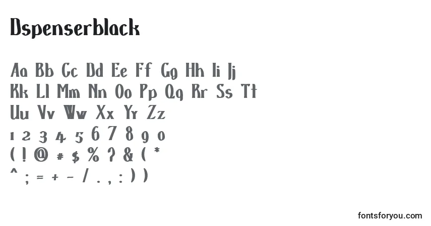 Czcionka Dspenserblack – alfabet, cyfry, specjalne znaki