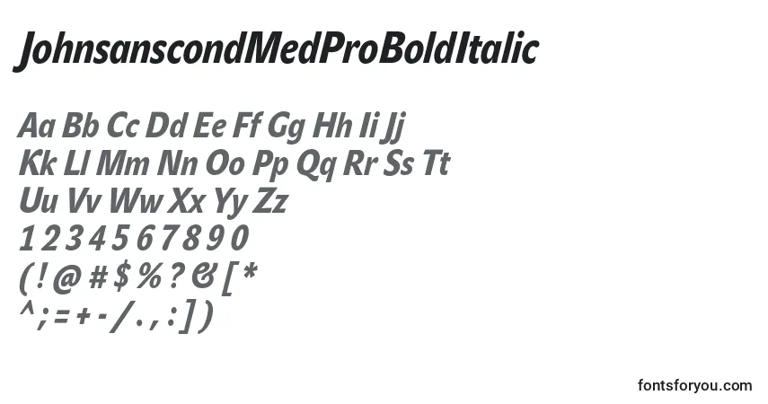 Czcionka JohnsanscondMedProBoldItalic – alfabet, cyfry, specjalne znaki