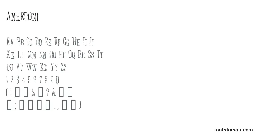 Schriftart Anhedoni – Alphabet, Zahlen, spezielle Symbole