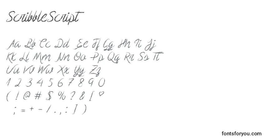 Czcionka ScribbleScript – alfabet, cyfry, specjalne znaki