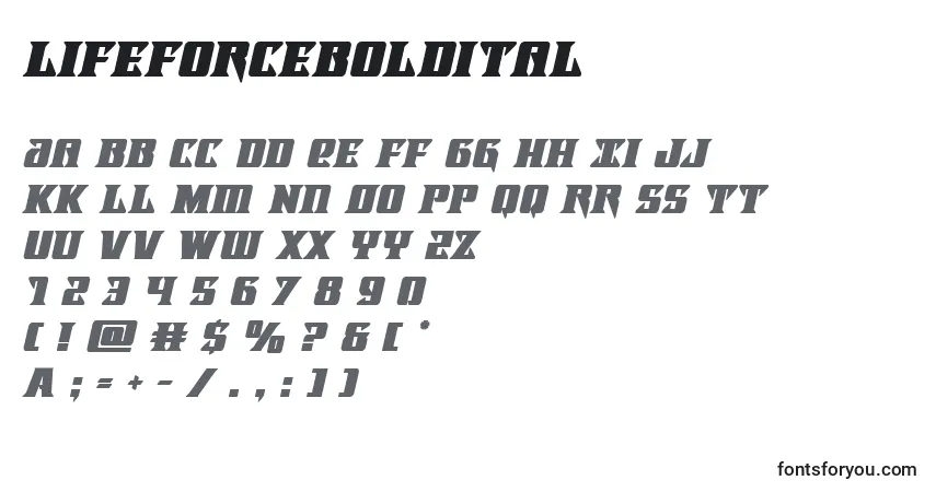 Schriftart Lifeforceboldital – Alphabet, Zahlen, spezielle Symbole