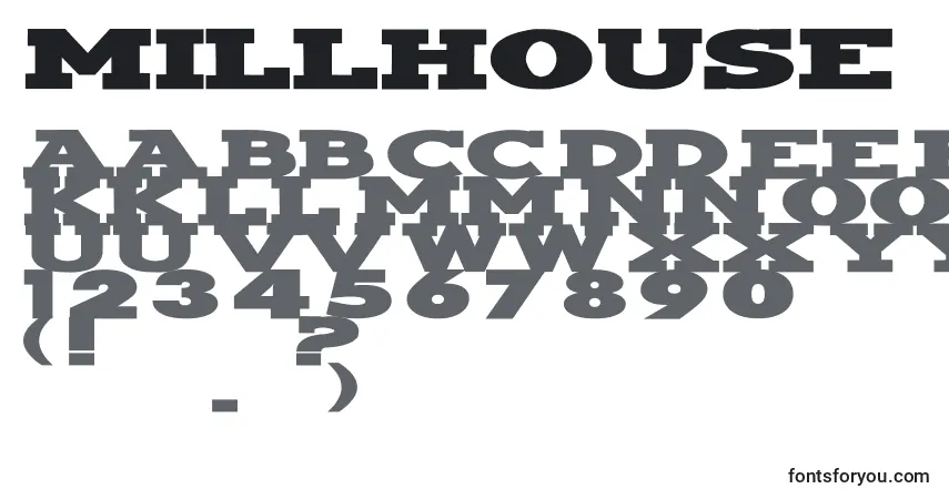 Czcionka Millhouse – alfabet, cyfry, specjalne znaki