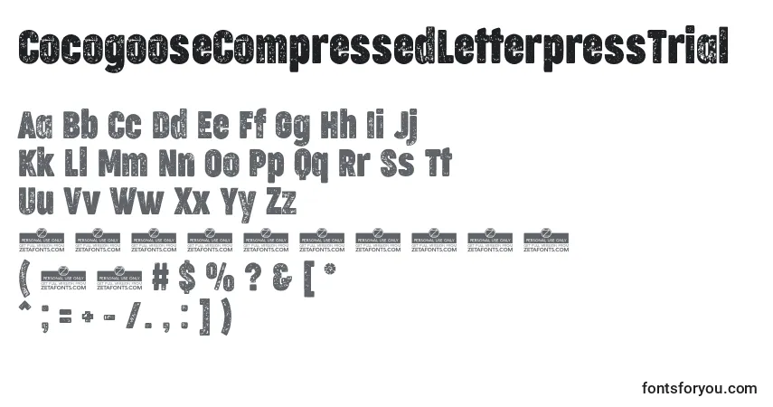 Czcionka CocogooseCompressedLetterpressTrial – alfabet, cyfry, specjalne znaki