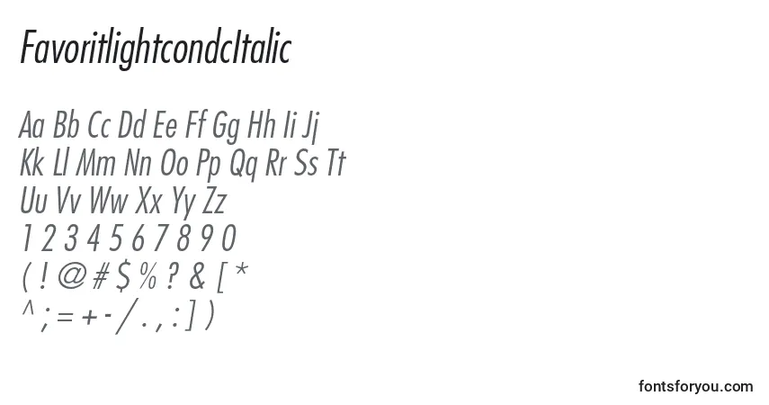 Шрифт FavoritlightcondcItalic – алфавит, цифры, специальные символы
