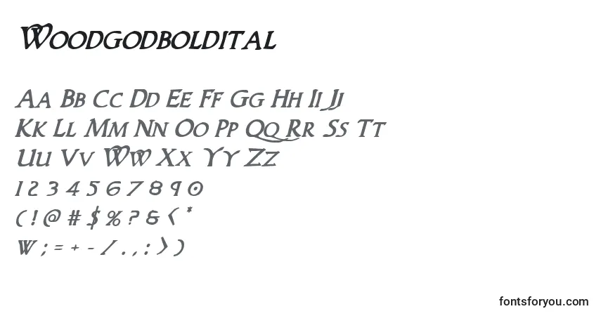 Czcionka Woodgodboldital – alfabet, cyfry, specjalne znaki