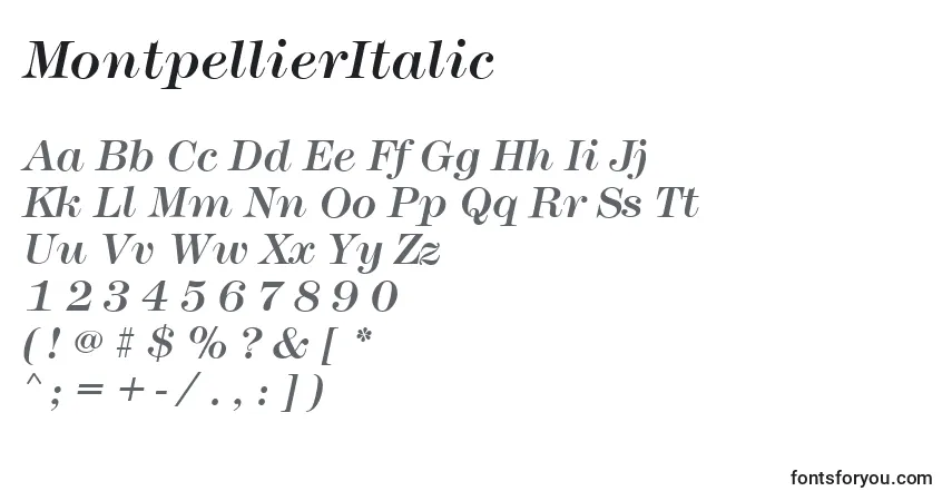 Шрифт MontpellierItalic – алфавит, цифры, специальные символы