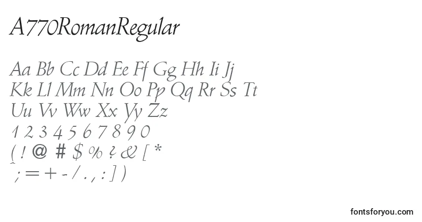 Czcionka A770RomanRegular – alfabet, cyfry, specjalne znaki