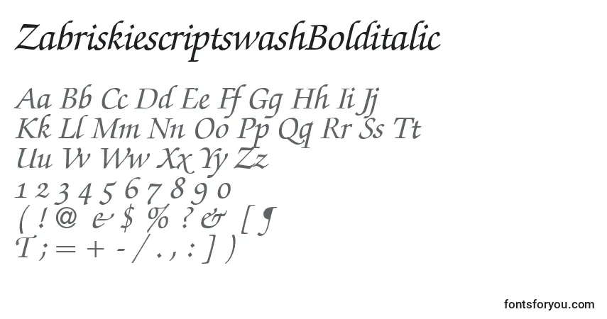 A fonte ZabriskiescriptswashBolditalic – alfabeto, números, caracteres especiais