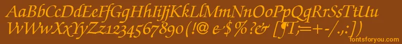 フォントZabriskiescriptswashBolditalic – オレンジ色の文字が茶色の背景にあります。
