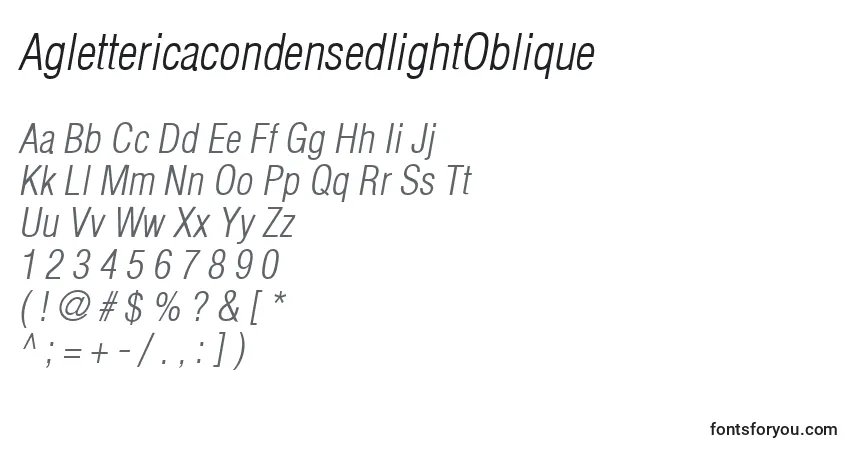 Czcionka AglettericacondensedlightOblique – alfabet, cyfry, specjalne znaki