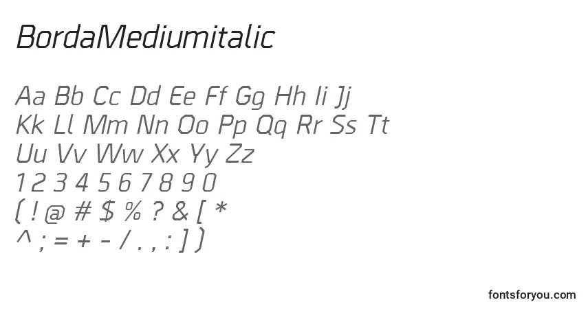 Czcionka BordaMediumitalic – alfabet, cyfry, specjalne znaki