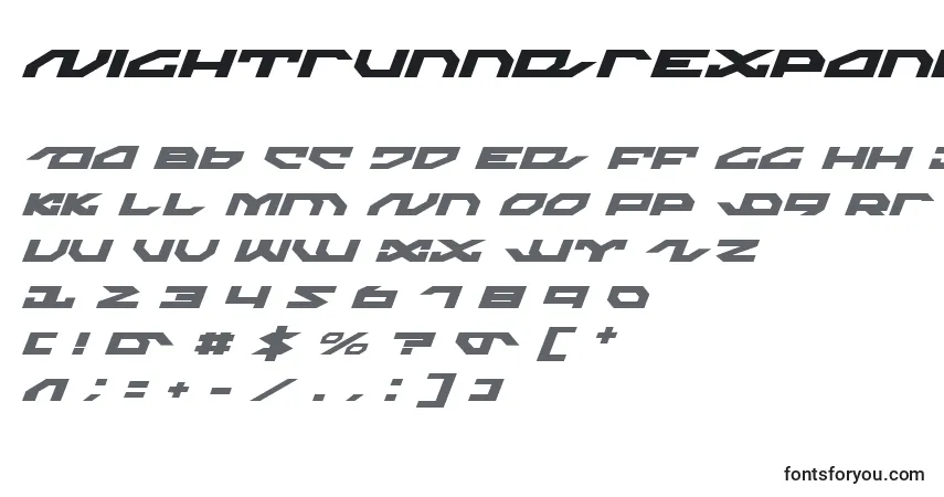 Schriftart NightrunnerExpandedItalic – Alphabet, Zahlen, spezielle Symbole
