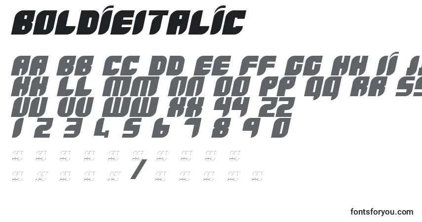 Schriftart BoldieItalic – Alphabet, Zahlen, spezielle Symbole