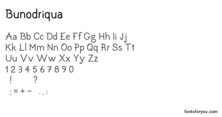Czcionka Bunodriqua – alfabet, cyfry, specjalne znaki