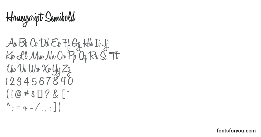 Fuente Honeyscript Semibold - alfabeto, números, caracteres especiales