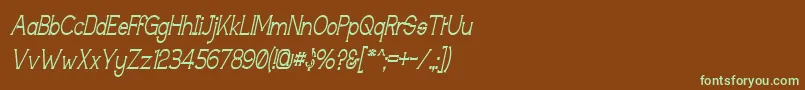 フォントTechnicallyInsaneNarrowitalic – 緑色の文字が茶色の背景にあります。