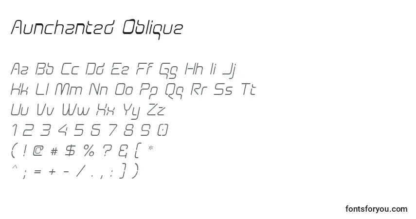 Schriftart Aunchanted Oblique – Alphabet, Zahlen, spezielle Symbole