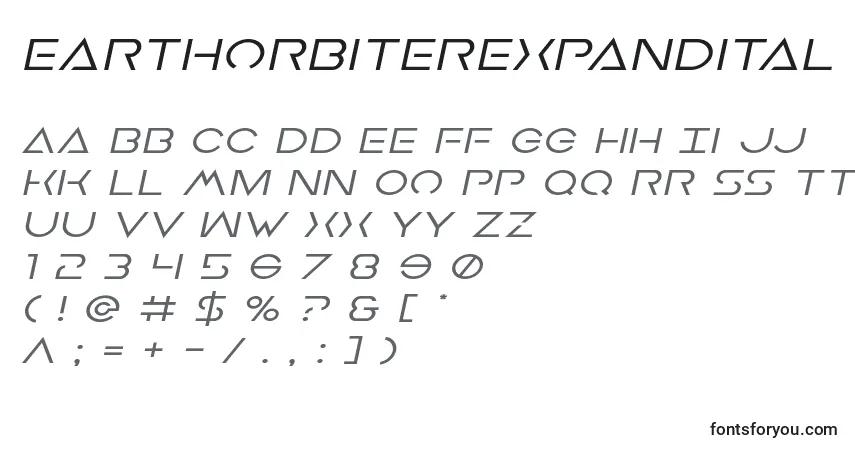 Schriftart Earthorbiterexpandital – Alphabet, Zahlen, spezielle Symbole