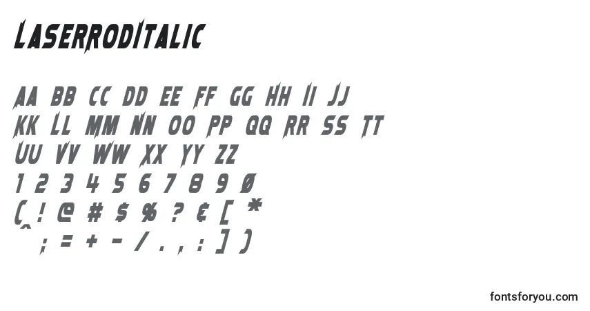 Schriftart LaserRodItalic (68189) – Alphabet, Zahlen, spezielle Symbole