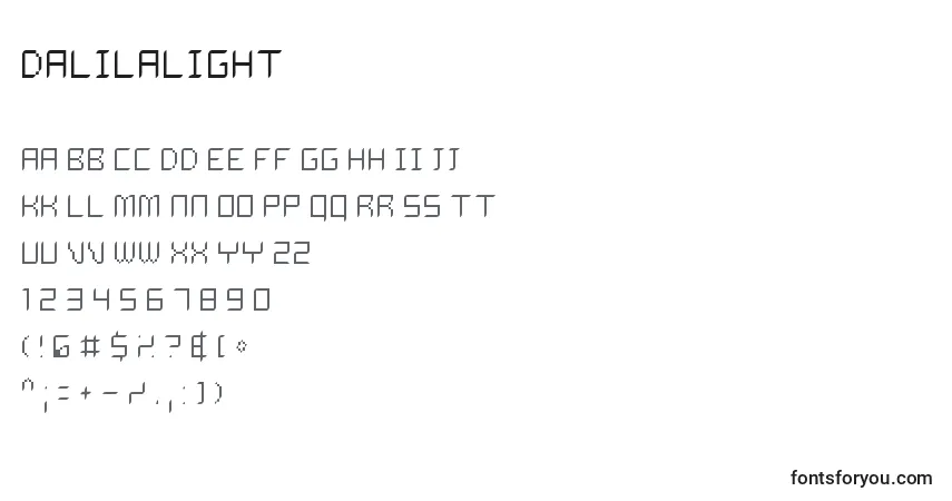 Czcionka DalilaLight – alfabet, cyfry, specjalne znaki