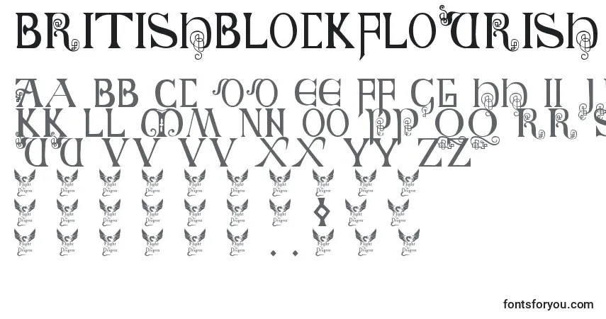 Schriftart Britishblockflourish – Alphabet, Zahlen, spezielle Symbole