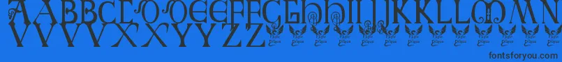 Britishblockflourish-Schriftart – Schwarze Schriften auf blauem Hintergrund