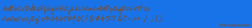 フォントHandscriptleftyBoldItalic – 茶色の文字が青い背景にあります。