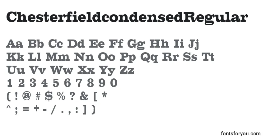 A fonte ChesterfieldcondensedRegular – alfabeto, números, caracteres especiais