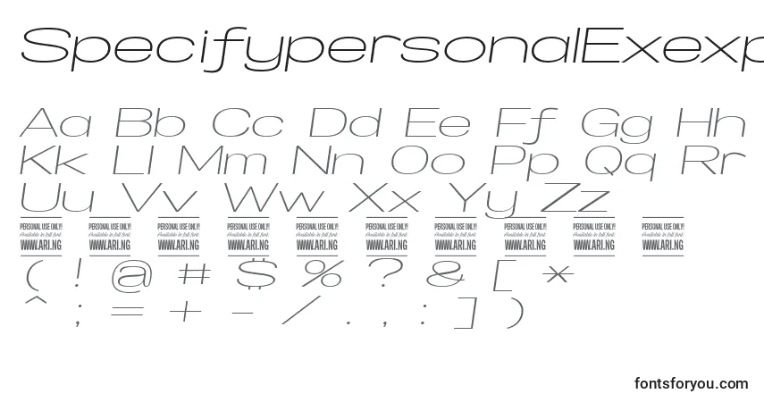 A fonte SpecifypersonalExexplightitalic – alfabeto, números, caracteres especiais