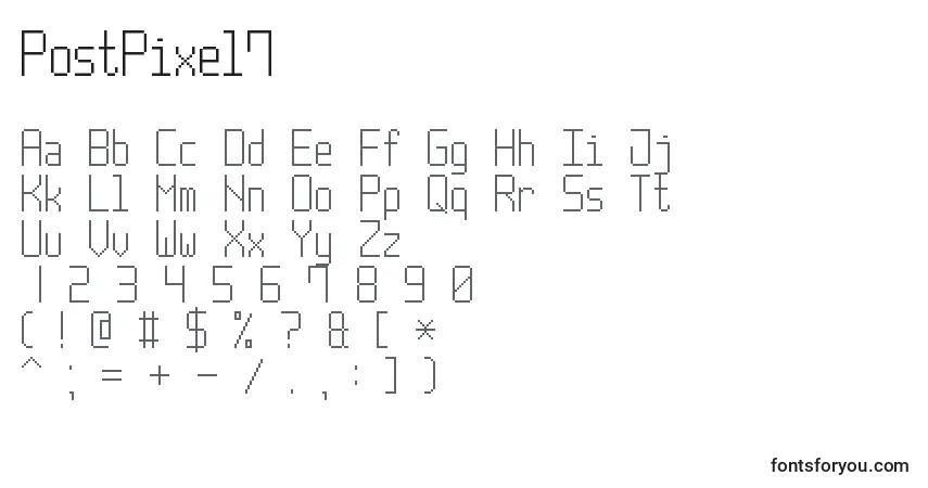 Czcionka PostPixel7 – alfabet, cyfry, specjalne znaki